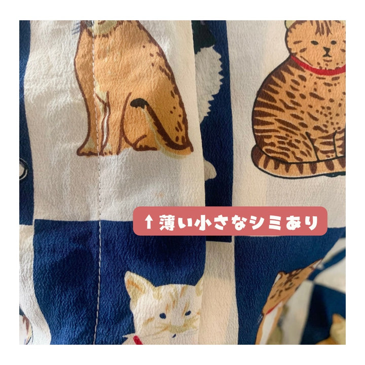 お散歩中の猫にあいさつする日の柄シャツ